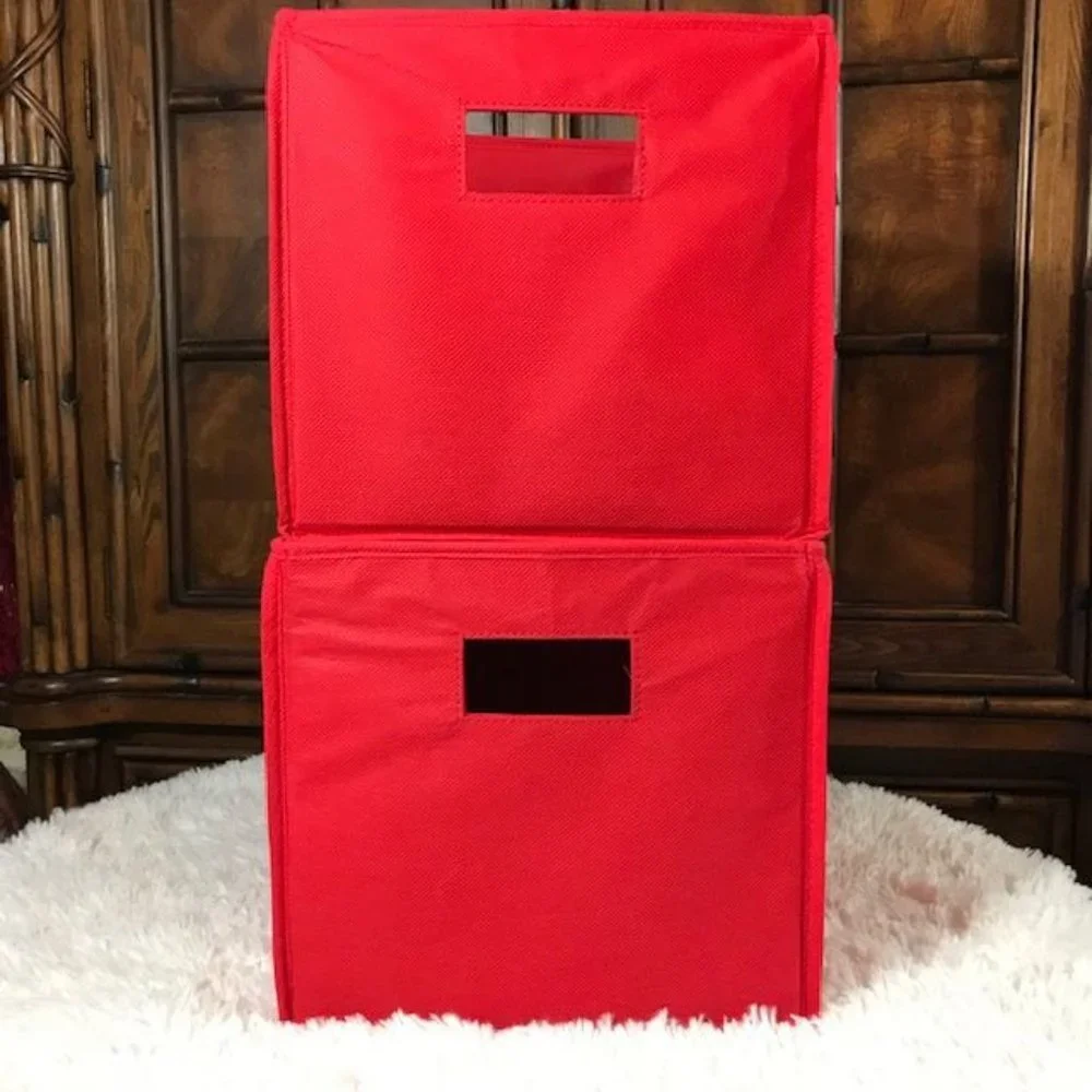 Set of 2 Red Canvas Collapsible Storage Bins